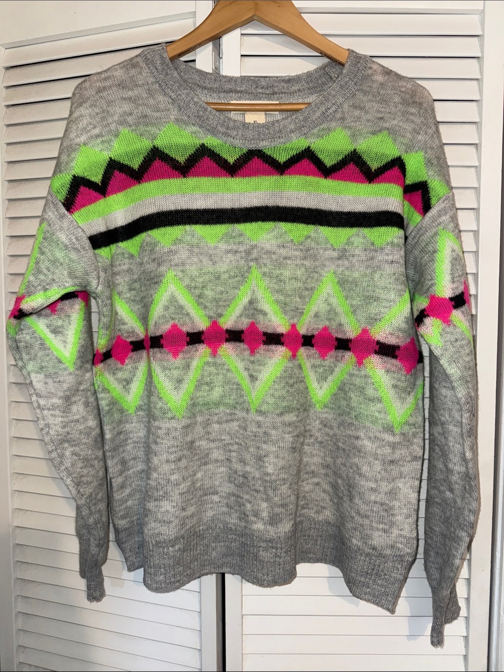 Love Crazy Gray Fair Isle Crewneck Sweater w/ Neon Green & Hot Pink Accents - XL